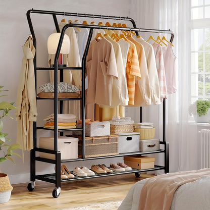 Heavy Duty Double Rod Clothes Rack – 255LBS Capacity, Metal Rolling Closet Rack with Wheels for Hanging Clothes, Laundry Storage Organization