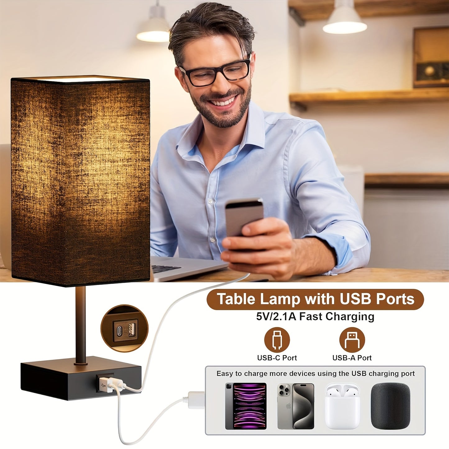 Set of 2 Bedside Table Lamps - Touch Control, USB C+A Charging Ports, 3-Way Dimmable, LED Bulbs , Upgraded Black for Bedroom Decor