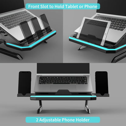 Height-Adjustable Laptop Stand with RGB Lighting and Dual Phone Holders – Compatible with MacBook, Surface, Samsung, Dell 10-17 Inch Laptops
