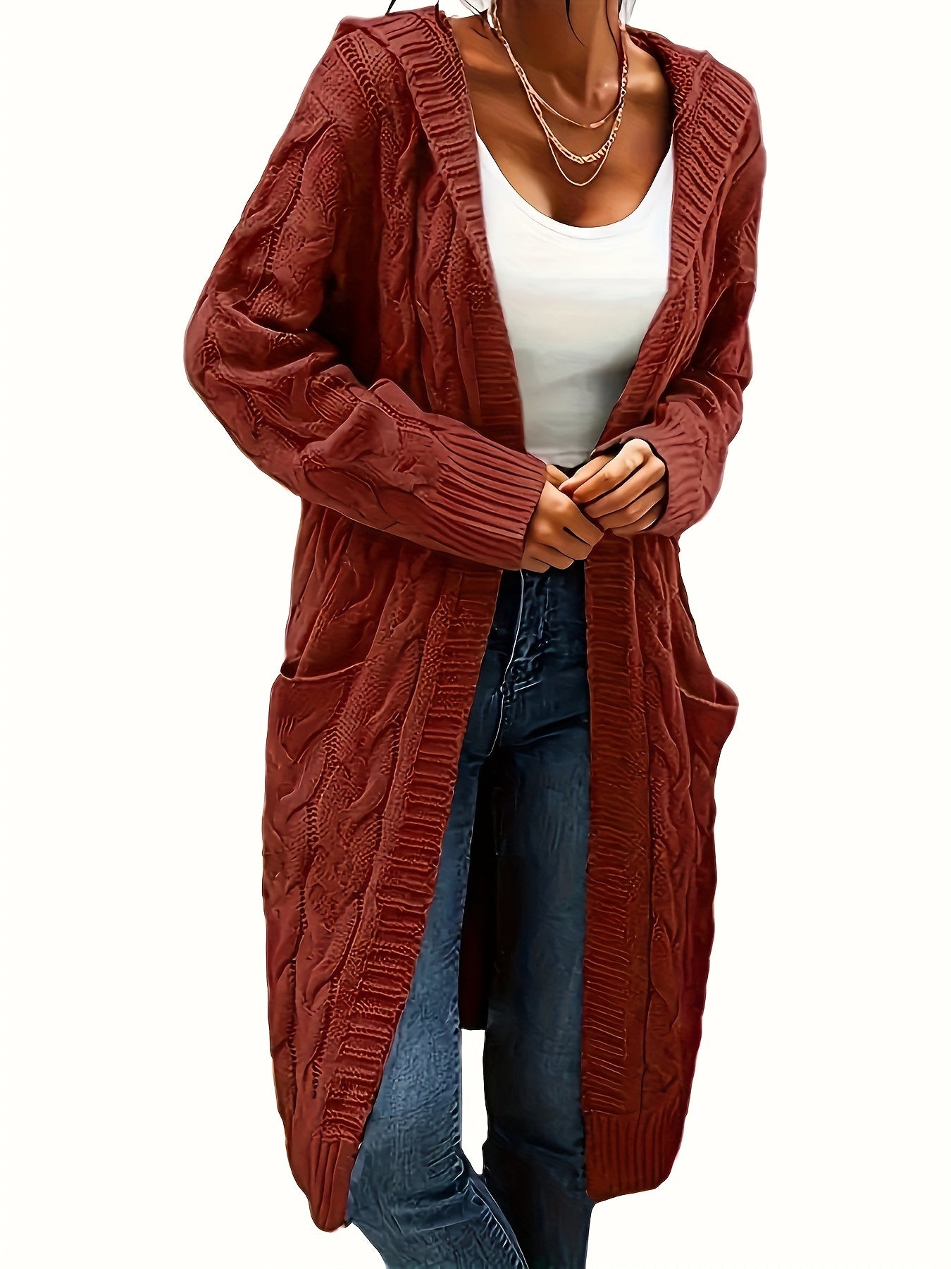 Plus Size Women's Casual Cardigan - Solid Cable Knit Long Sleeve Open Front Hooded Cardigan with Pockets