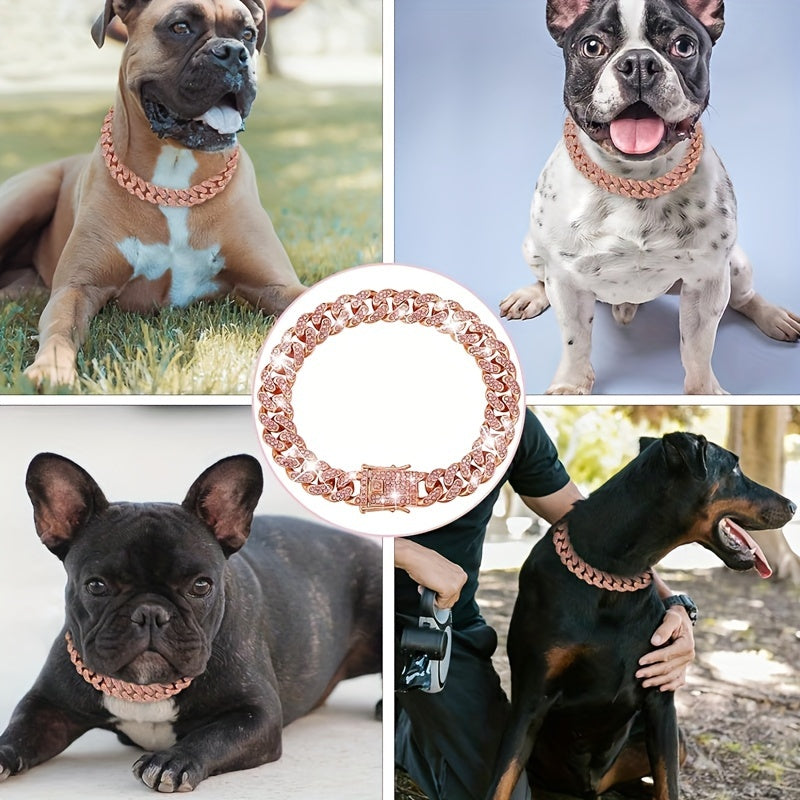 Exquisite Diamond Cuban Chain Dog Collar – 13mm Wide Geometric Pattern Metal Necklace for Small, Medium, Large Dogs & Cats, Durable with Crystal Accents