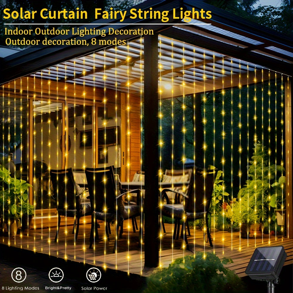 1 Pack LED Solar Curtain String Lights – 100/200/300 Lights, 8 Lighting Modes – Outdoor Decoration for Christmas, Weddings, Patios, Gardens ( Colorful/Warm White/White )