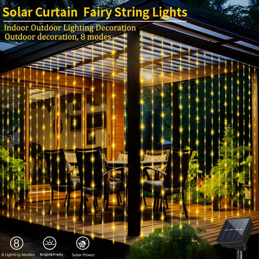 1 Pack LED Solar Curtain String Lights – 100/200/300 Lights, 8 Lighting Modes – Outdoor Decoration for Christmas, Weddings, Patios, Gardens ( Colorful/Warm White/White )