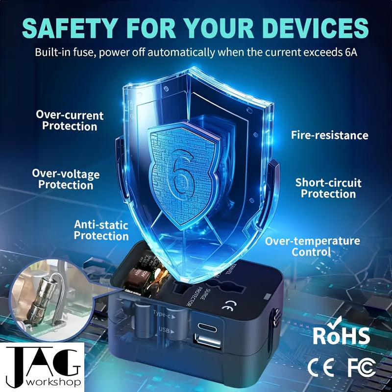 Universal Travel Adapter with Dual USB Ports - All-In-One Wall Charger with US/EU/UK/AU Plugs, 110V-240V Input, Surge Protection, Compatible with iPhone, Samsung, Tablets for Over 150 Countries