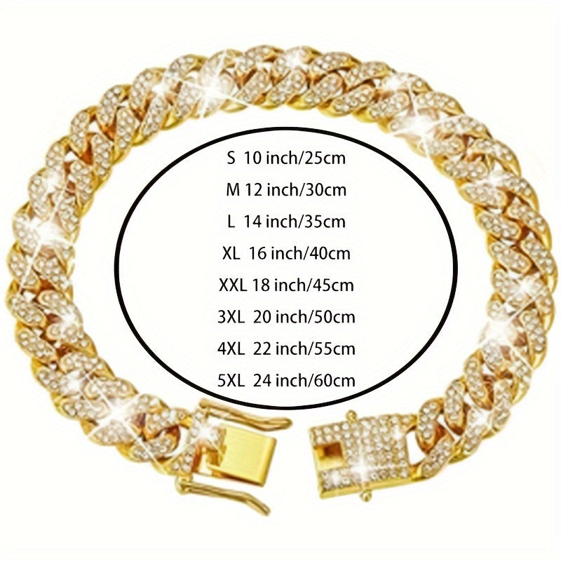 Exquisite Diamond Cuban Chain Dog Collar – 13mm Wide Geometric Pattern Metal Necklace for Small, Medium, Large Dogs & Cats, Durable with Crystal Accents