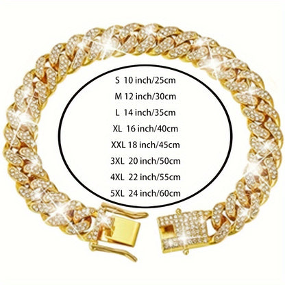 Exquisite Diamond Cuban Chain Dog Collar – 13mm Wide Geometric Pattern Metal Necklace for Small, Medium, Large Dogs & Cats, Durable with Crystal Accents