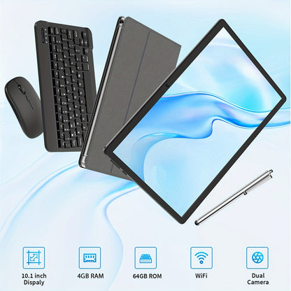 10-Inch 2-in-1 Android Tablet - 4GB RAM, 64GB ROM, Expandable to 1TB, Android 13, WiFi, Includes Keyboard, Mouse, Case and Stylus
