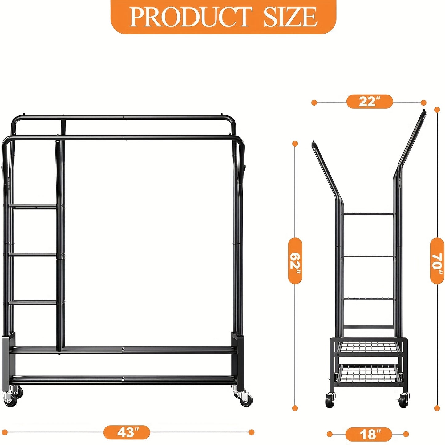 Heavy Duty Double Rod Clothes Rack – 255LBS Capacity, Metal Rolling Closet Rack with Wheels for Hanging Clothes, Laundry Storage Organization