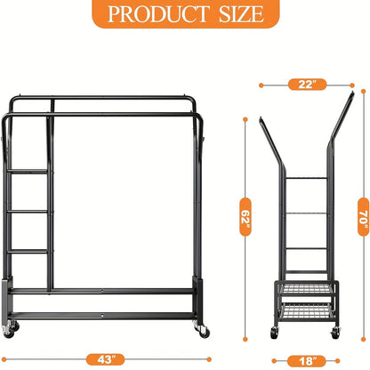 Heavy Duty Double Rod Clothes Rack – 255LBS Capacity, Metal Rolling Closet Rack with Wheels for Hanging Clothes, Laundry Storage Organization