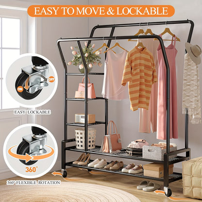Heavy Duty Double Rod Clothes Rack – 255LBS Capacity, Metal Rolling Closet Rack with Wheels for Hanging Clothes, Laundry Storage Organization