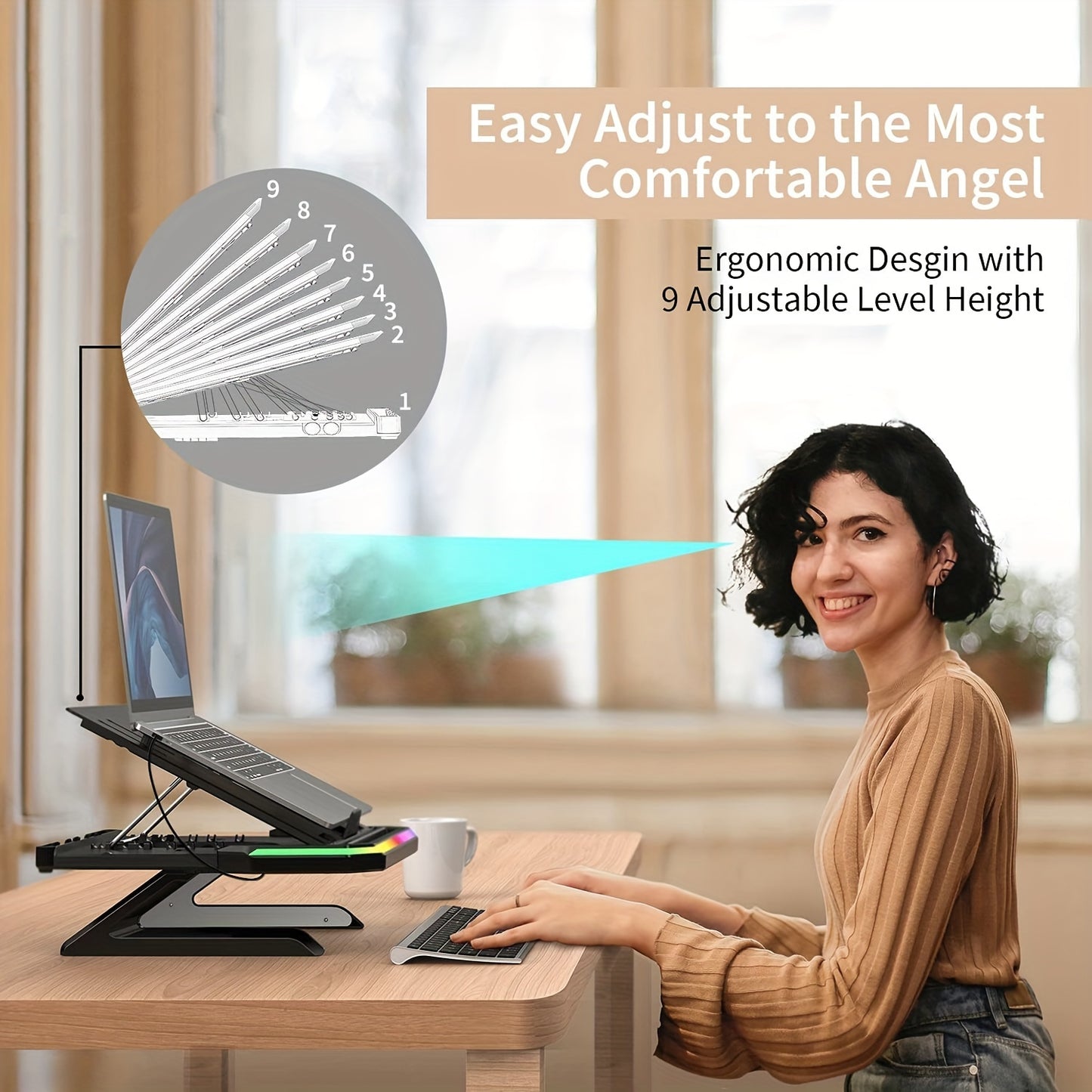 Height-Adjustable Laptop Stand with RGB Lighting and Dual Phone Holders – Compatible with MacBook, Surface, Samsung, Dell 10-17 Inch Laptops