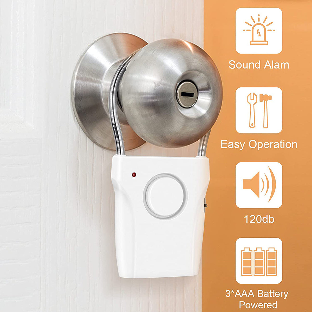 120dB Door Handle Alarm - Portable Security Alarm with 3 Adjustable Settings, Battery Operated for Travel, Hotel, and Apartment Safety