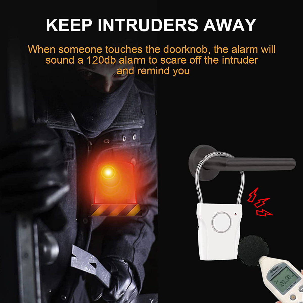 120dB Door Handle Alarm - Portable Security Alarm with 3 Adjustable Settings, Battery Operated for Travel, Hotel, and Apartment Safety