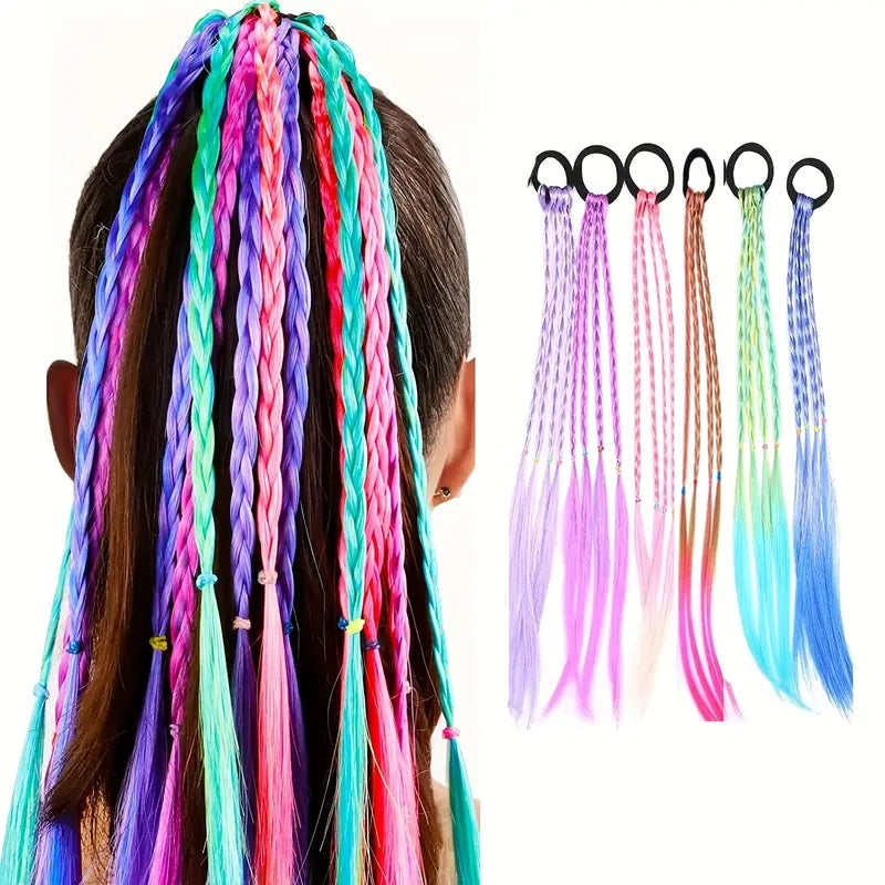 6pcs Girls Hair Accessories Set - Colorful Braided Wig, Ponytail Holders, and Rubber Bands, Perfect for Gifts