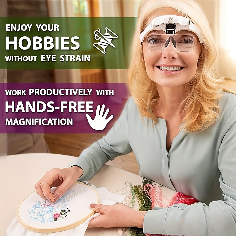 2 LED Headband Magnifier with 5 Replaceable Lenses - Reading Loupe for Jewelry & Electronics Repair (1.0X, 1.5X, 2.0X, 2.5X, 3.5X)