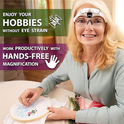 2 LED Headband Magnifier with 5 Replaceable Lenses - Reading Loupe for Jewelry & Electronics Repair (1.0X, 1.5X, 2.0X, 2.5X, 3.5X)