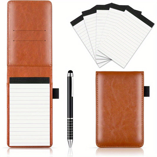 Leather Pocket Notepad Holder Set with Pen - College Ruled, Soft Cover Mini Notebook for School, Office and Restaurant, Aesthetic Supplies for Ages 14+ (Available in Brown, Blue, Black)