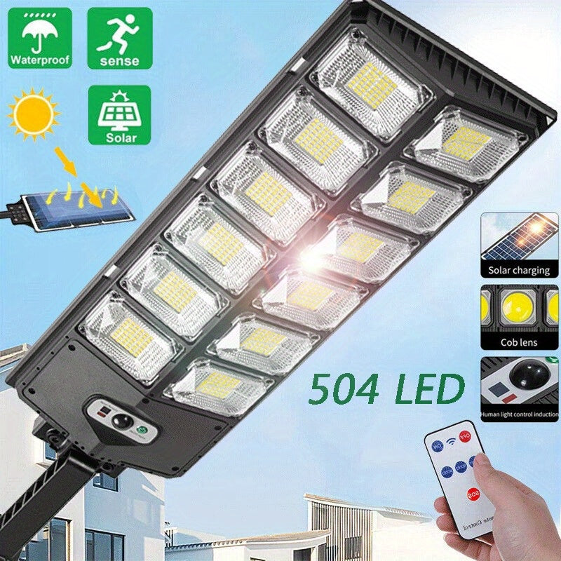 1 PCS Solar Street Light: 6500K 100000LM with 504 LEDs, Dusk to Dawn Solar Flood Light with Wide Angle Motion Sensor and Remote Control for Commercial and Yard Lighting
