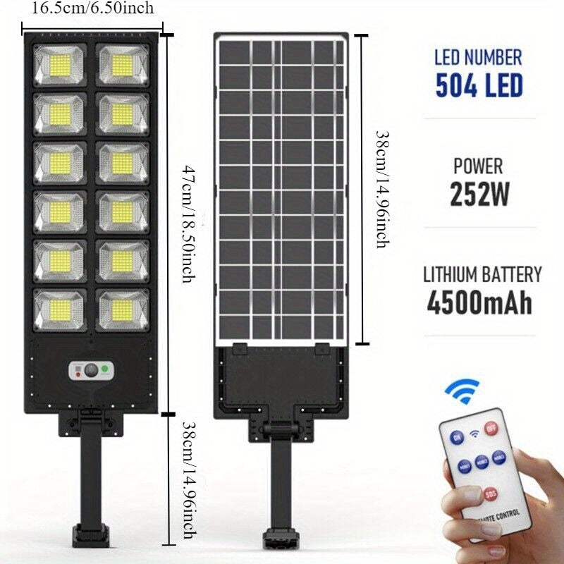 1 PCS Solar Street Light: 6500K 100000LM with 504 LEDs, Dusk to Dawn Solar Flood Light with Wide Angle Motion Sensor and Remote Control for Commercial and Yard Lighting