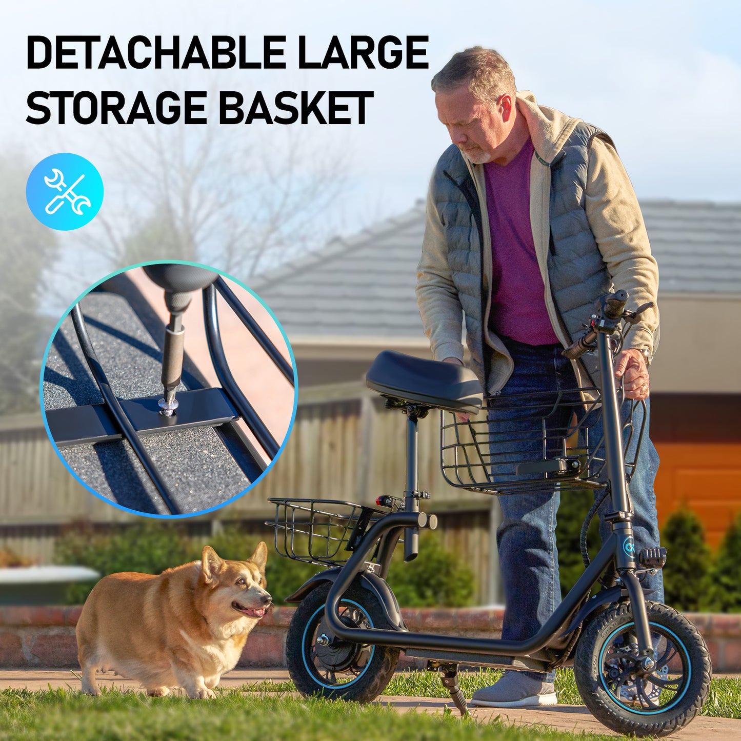 550W Electric Scooter with Basket for Dogs – 20-Mile Range, 18.6MPH Speed – Ample Storage for Pets and Cargo