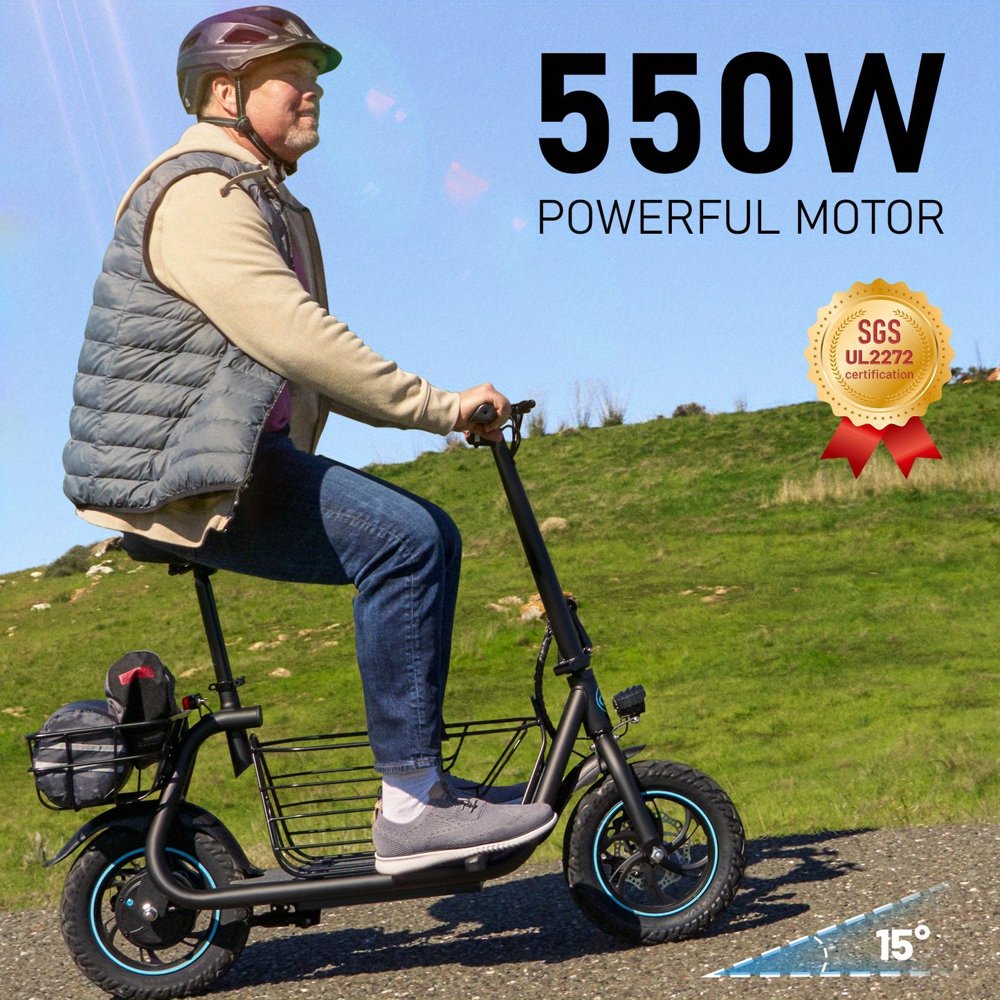 550W Electric Scooter with Basket for Dogs – 20-Mile Range, 18.6MPH Speed – Ample Storage for Pets and Cargo