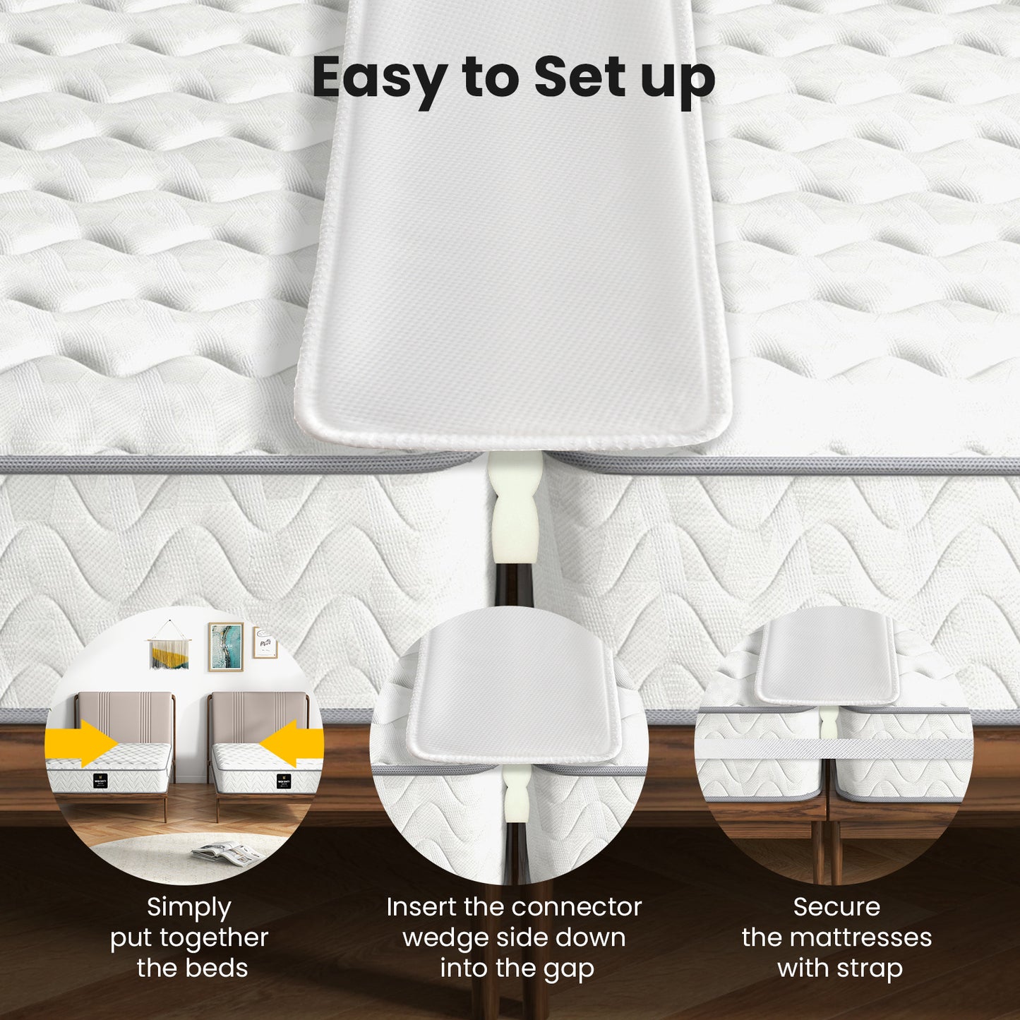 12" Extra Wide Maxmass Bed Bridge – Twin XL to King Converter Kit with Strap and Gap Filler for a Comfortable, Secure Sleeping Experience