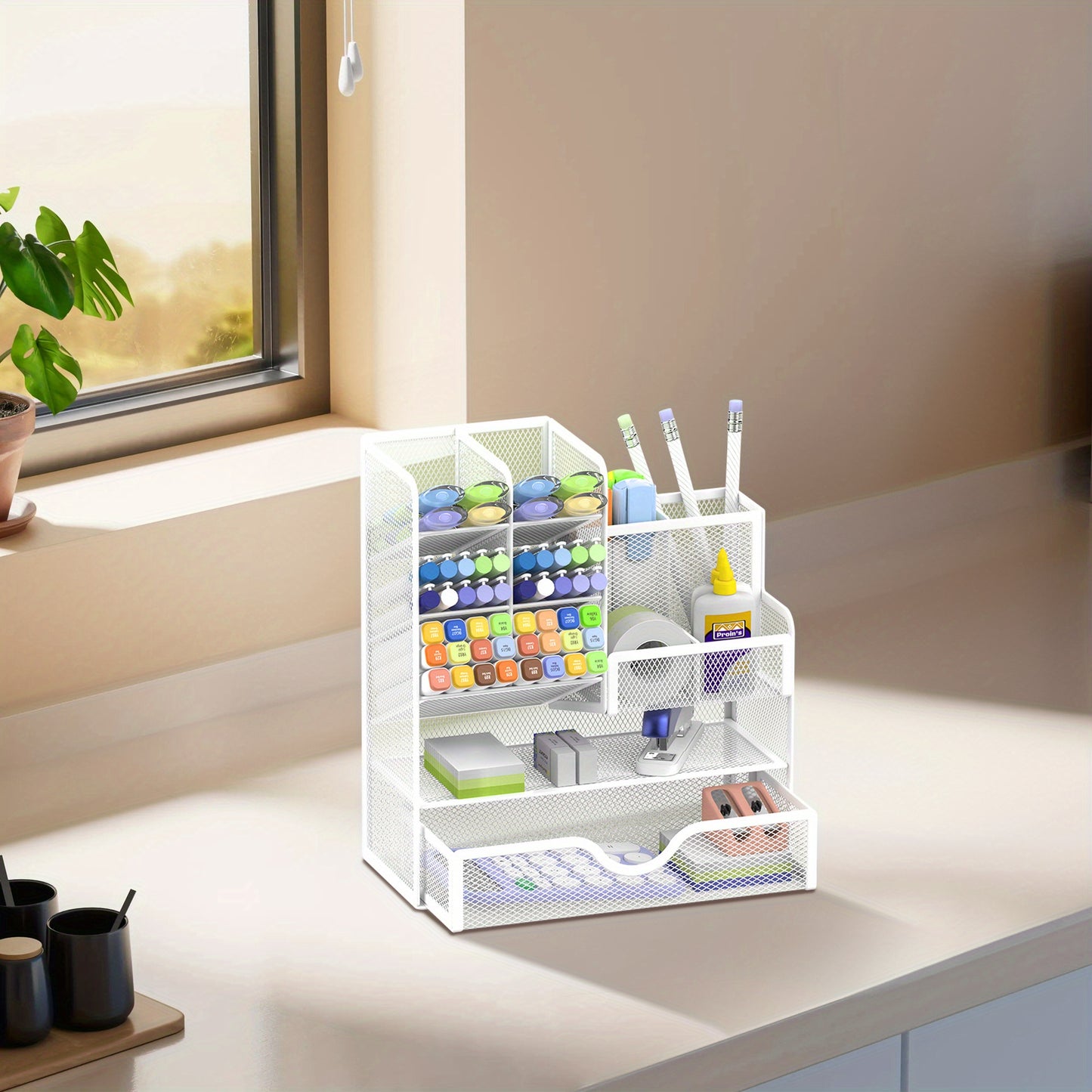 JMHUD Versatile Pencil Organizer – Mesh Pen Holder with Drawer for Desk – Enhanced Desk Organizer for Office and Art Supplies (Black)