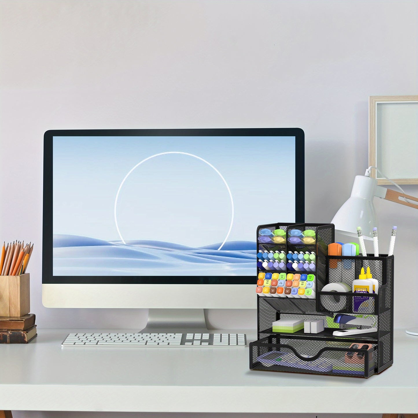 JMHUD Versatile Pencil Organizer – Mesh Pen Holder with Drawer for Desk – Enhanced Desk Organizer for Office and Art Supplies (Black)