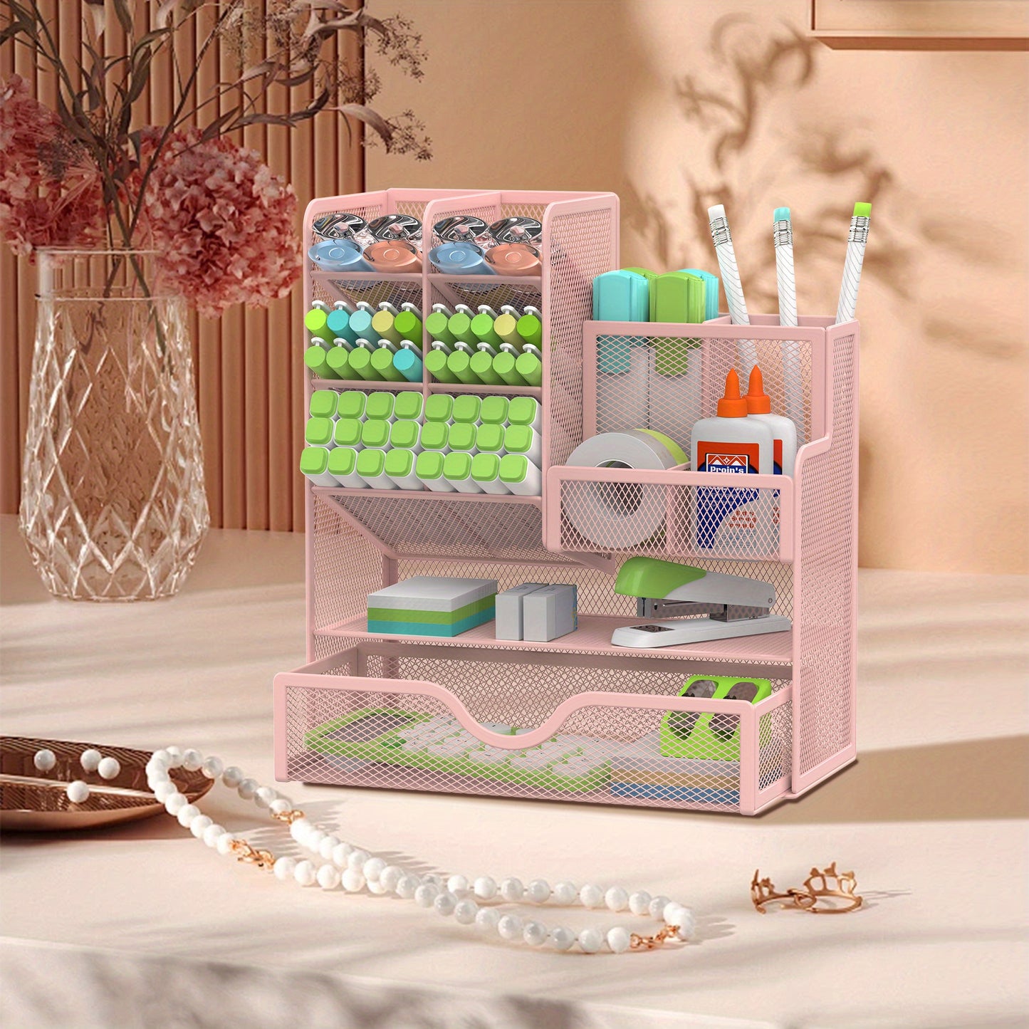 JMHUD Versatile Pencil Organizer – Mesh Pen Holder with Drawer for Desk – Enhanced Desk Organizer for Office and Art Supplies (Black)