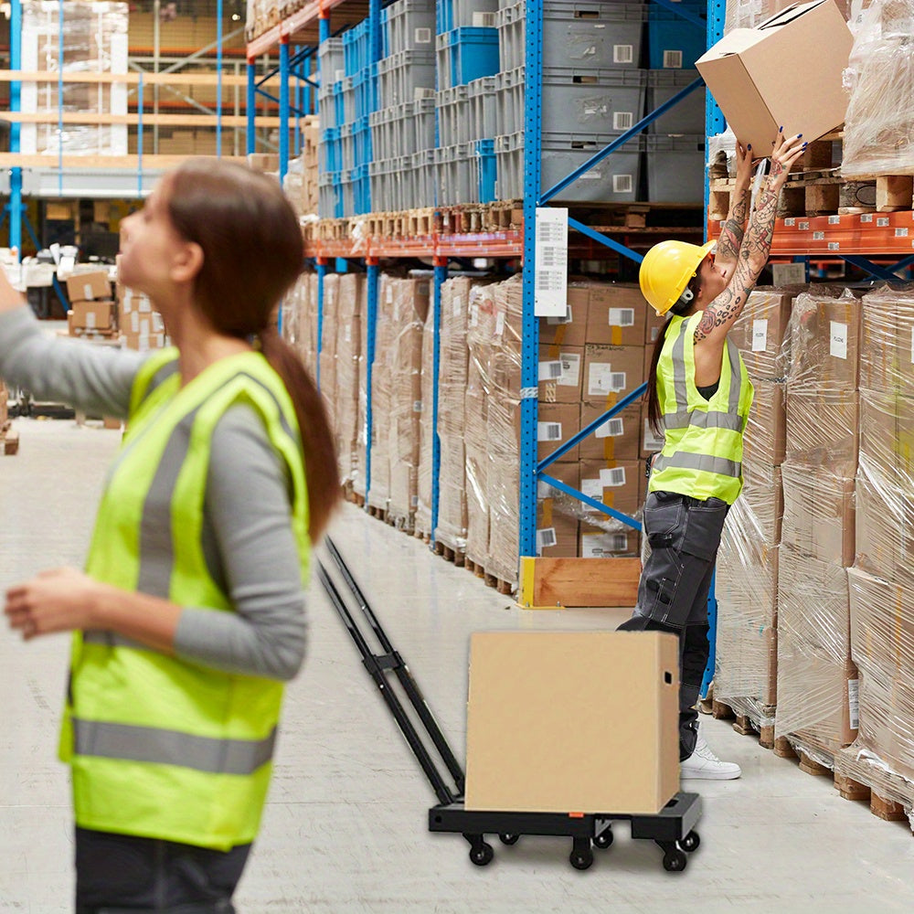 Spacekeeper Folding Hand Truck – 500 LB Heavy Duty Utility Dolly with 6 Wheels & 2 Elastic Ropes for Luggage, Moving, Shopping, Office Use (Black)