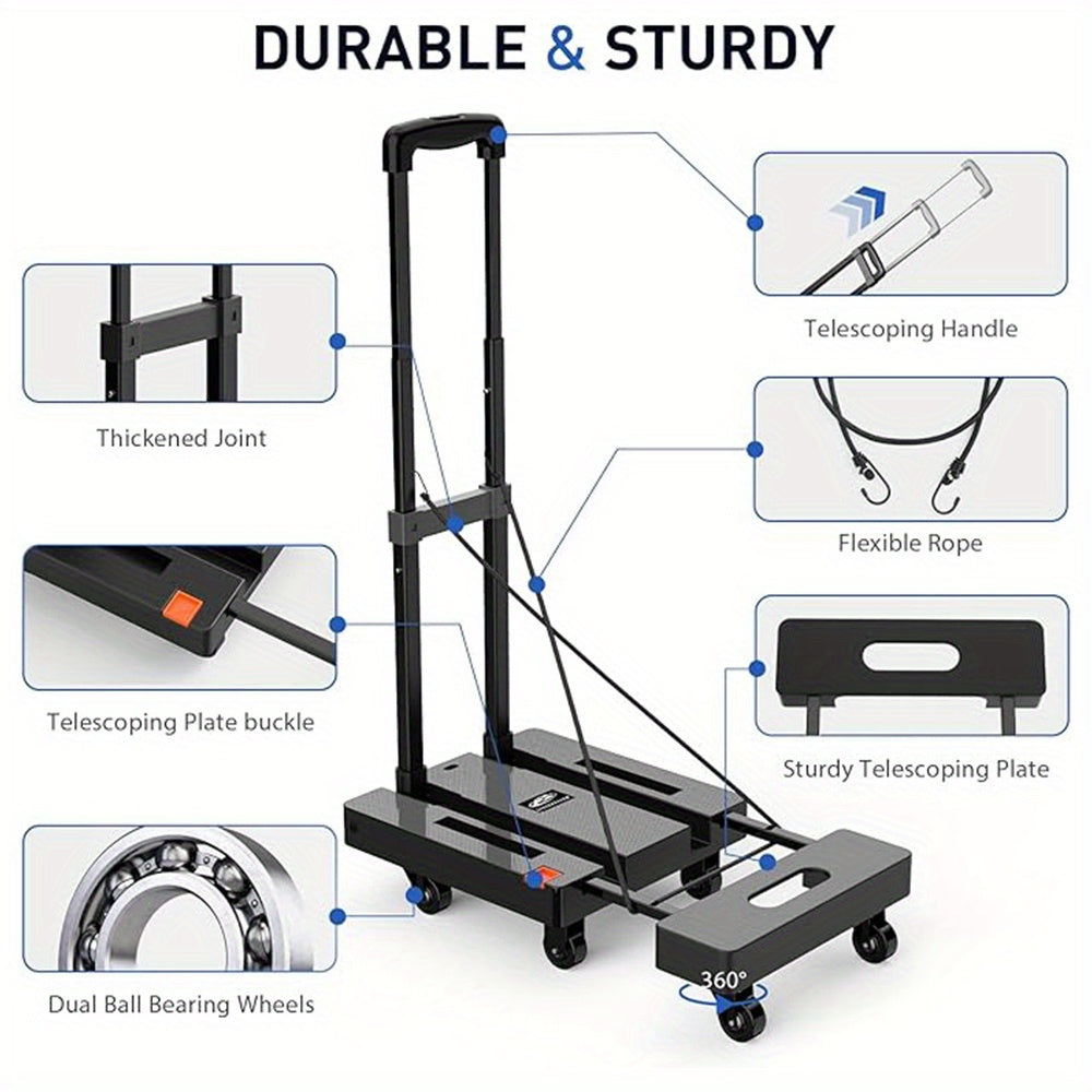 Spacekeeper Folding Hand Truck – 500 LB Heavy Duty Utility Dolly with 6 Wheels & 2 Elastic Ropes for Luggage, Moving, Shopping, Office Use (Black)