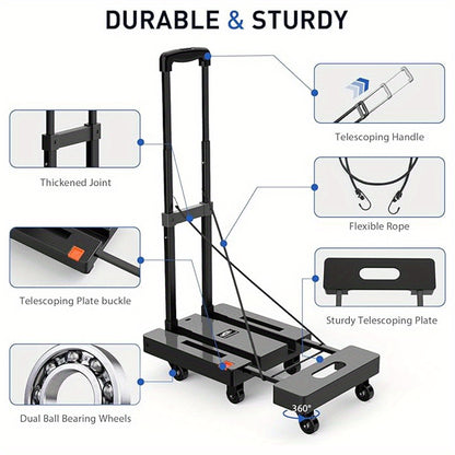 Spacekeeper Folding Hand Truck – 500 LB Heavy Duty Utility Dolly with 6 Wheels & 2 Elastic Ropes for Luggage, Moving, Shopping, Office Use (Black)