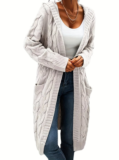 Plus Size Women's Casual Cardigan - Solid Cable Knit Long Sleeve Open Front Hooded Cardigan with Pockets