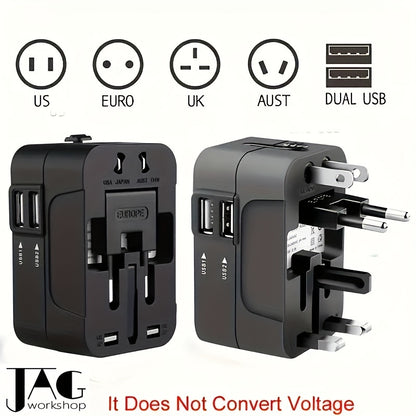 Universal Travel Adapter with Dual USB Ports - All-In-One Wall Charger with US/EU/UK/AU Plugs, 110V-240V Input, Surge Protection, Compatible with iPhone, Samsung, Tablets for Over 150 Countries