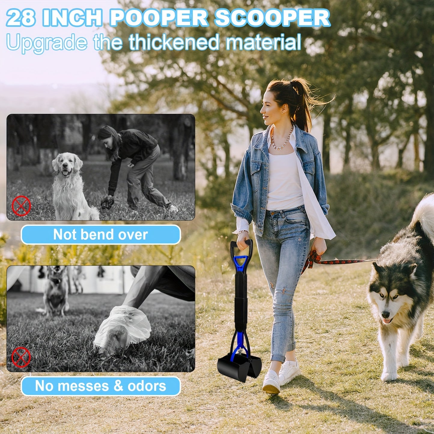 28" Foldable Dog Pooper Scooper – Unbreakable Material with Durable Spring, Ideal for Grass & Gravel, Blue