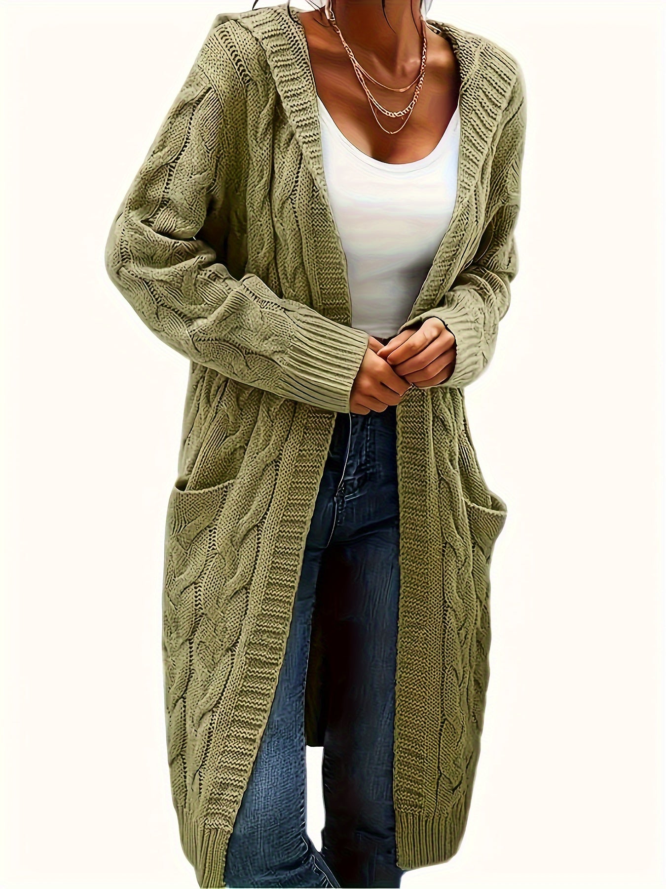 Plus Size Women's Casual Cardigan - Solid Cable Knit Long Sleeve Open Front Hooded Cardigan with Pockets