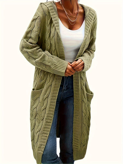 Plus Size Women's Casual Cardigan - Solid Cable Knit Long Sleeve Open Front Hooded Cardigan with Pockets