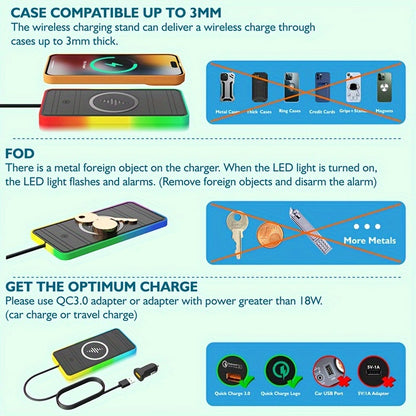 RGB Car Wireless Charger – Ultra-Fast 15W with Anti-Slip Design and Vibrant LED Light – Compatible with iPhone 15/14/13/12, Samsung, Xiaomi
