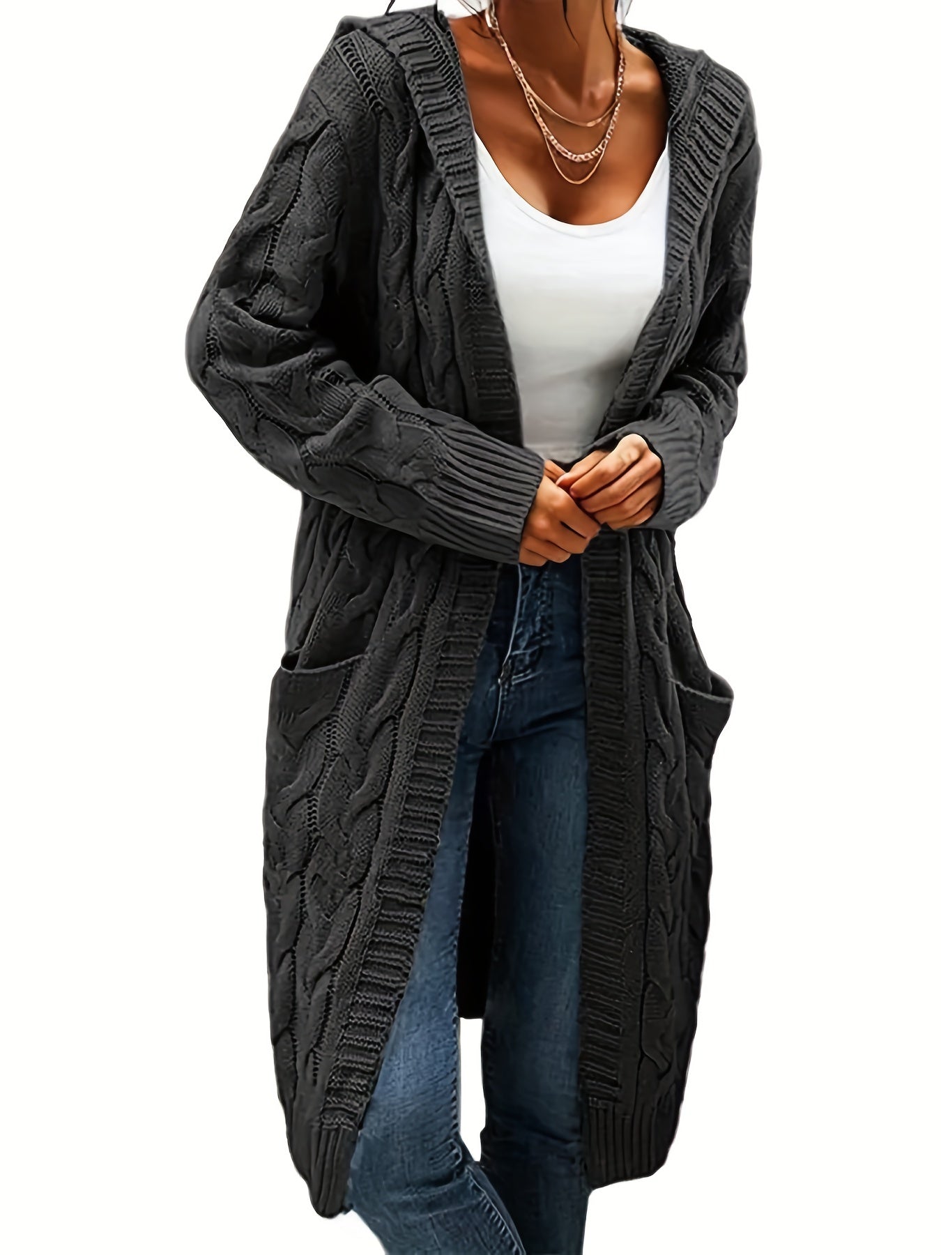 Plus Size Women's Casual Cardigan - Solid Cable Knit Long Sleeve Open Front Hooded Cardigan with Pockets