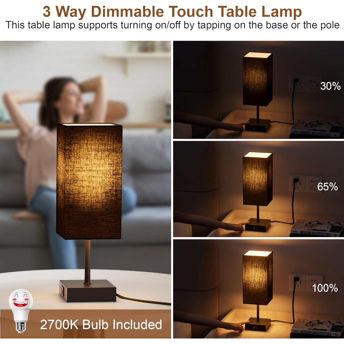 Set of 2 Bedside Table Lamps - Touch Control, USB C+A Charging Ports, 3-Way Dimmable, LED Bulbs , Upgraded Black for Bedroom Decor