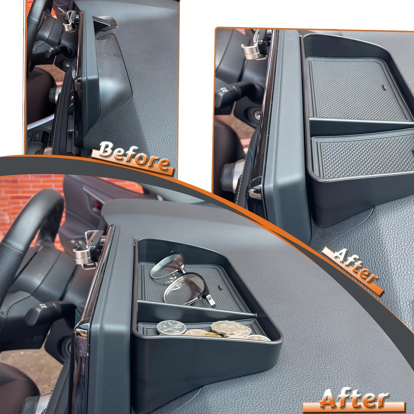 Vehicle Dashboard Organizer Storage Tray - Durable Plastic Car Console Pocket for Coins, Keys, and Phone - Universal Fit with Non-Slip Rubber Mats