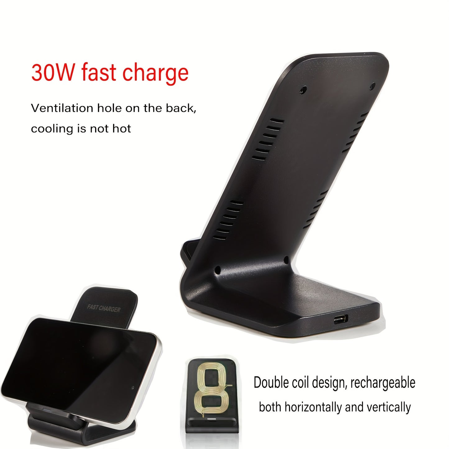30W Fast Wireless Charger Stand Dock – Compatible with Apple iPhone, Samsung, Android Phones (UK)