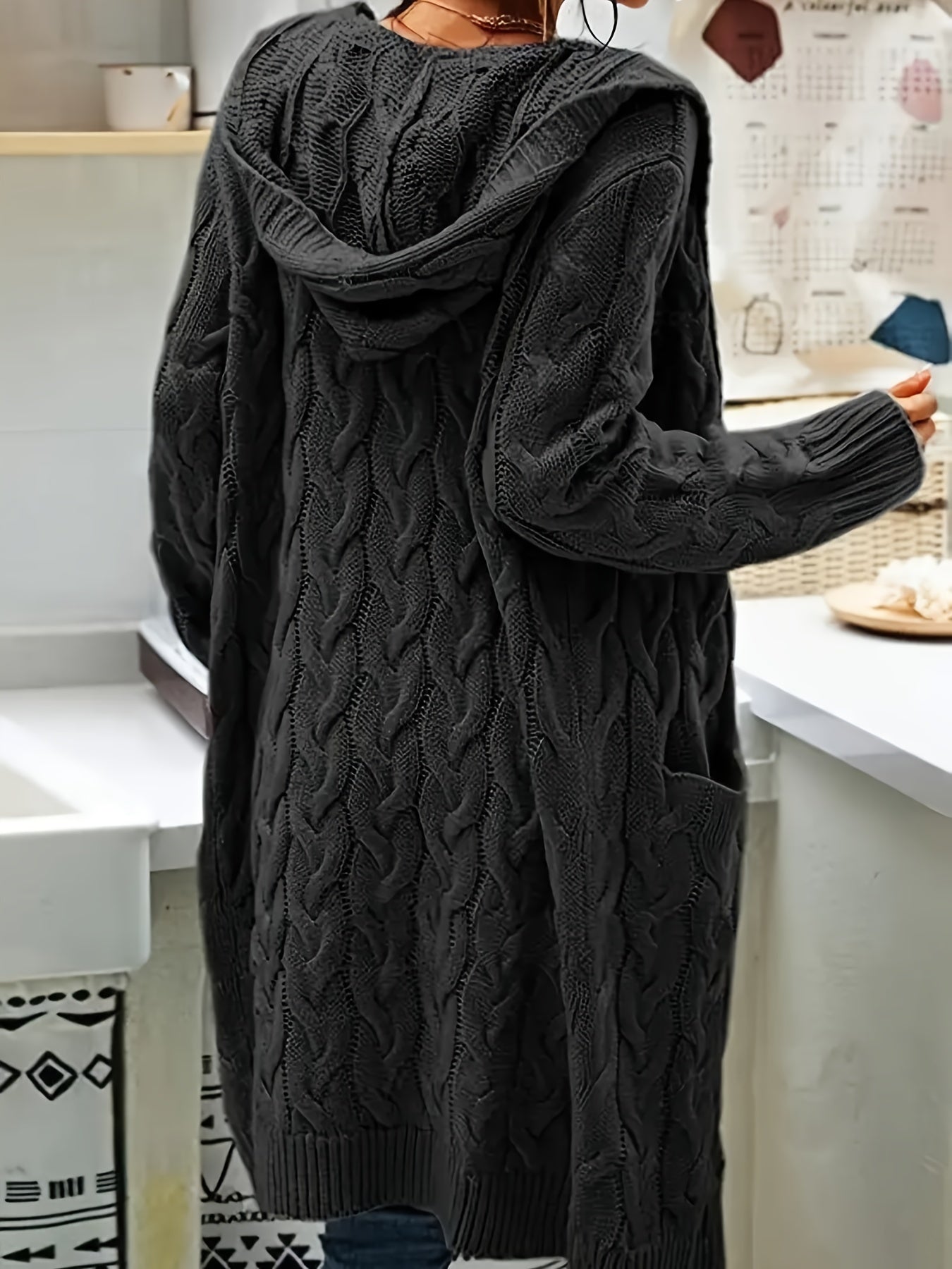 Plus Size Women's Casual Cardigan - Solid Cable Knit Long Sleeve Open Front Hooded Cardigan with Pockets