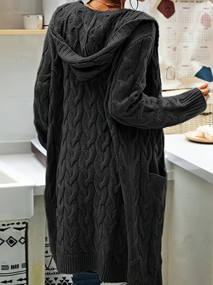 Plus Size Women's Casual Cardigan - Solid Cable Knit Long Sleeve Open Front Hooded Cardigan with Pockets
