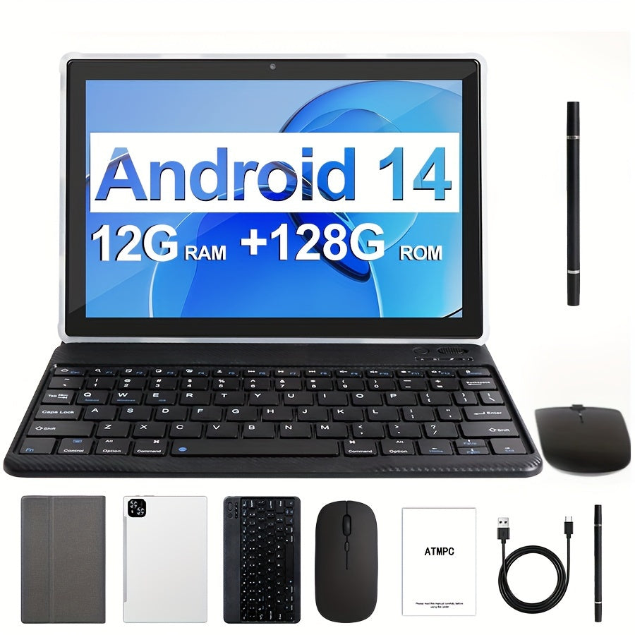10.1 Inch Android 14 Tablet – 2 in 1 with Keyboard, Mouse, Stylus, 128GB ROM, 12GB RAM, Dual Camera, 5G, 1280x800 Display