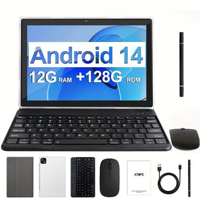 10.1 Inch Android 14 Tablet – 2 in 1 with Keyboard, Mouse, Stylus, 128GB ROM, 12GB RAM, Dual Camera, 5G, 1280x800 Display