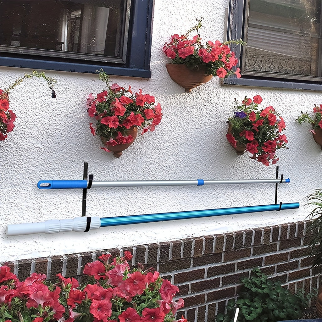 2-Pack Heavy-Duty Metal Pool Pole Hangers - Wall Mounted Hooks for Pool and Garden Tools, Includes Rakes, Skimmers, Nets, with Protective Rubber Caps