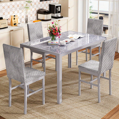 5 Piece Modern Luxurious Dining Room Table Set - Tempered Glass Top, Metal Frame, Faux Leather Chairs, Counter Height for 4 Person Breakfast Nook