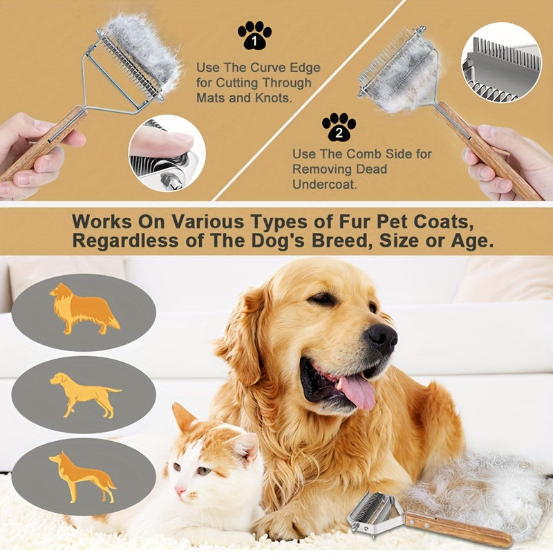 2 in 1 Pet Dematting Comb for Dogs & Cats - Stainless Steel Deshedding Brush with Wooden Handle, Removes Tangles & Loose Undercoat