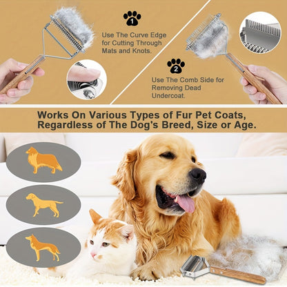 2 in 1 Pet Dematting Comb for Dogs & Cats - Stainless Steel Deshedding Brush with Wooden Handle, Removes Tangles & Loose Undercoat